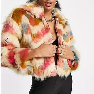 French Connection - Dallow Faux Fur jacket in multi zig zag (L)